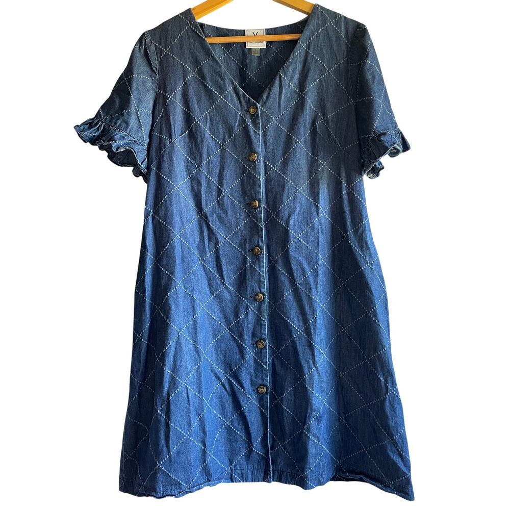 Denim Quilted Babydoll Ruffle 100% Cotton Dress Women’s LARGE